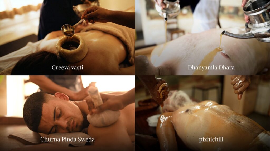Cervical Spondylosis Ayurveda treatment includes greevavasti, Pizhichil, snehana, churna pinda sweda, and others