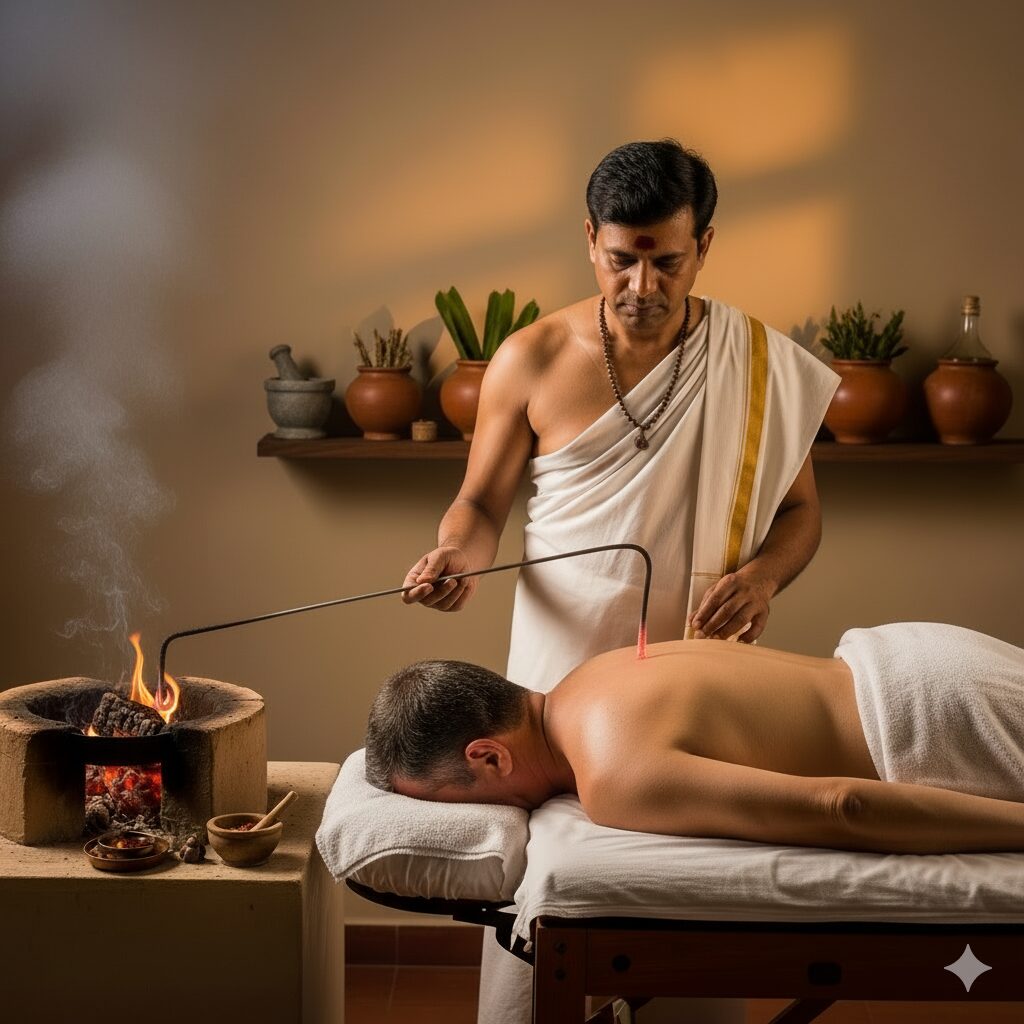a man getting Agnikarma ayurvedic treatment to get cure
