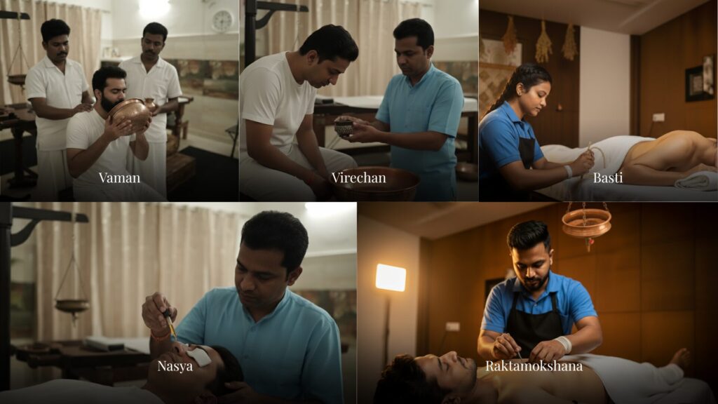 Panchakarma therapy includes Vamana, Virechana, basti, nasya, paktamokshana 