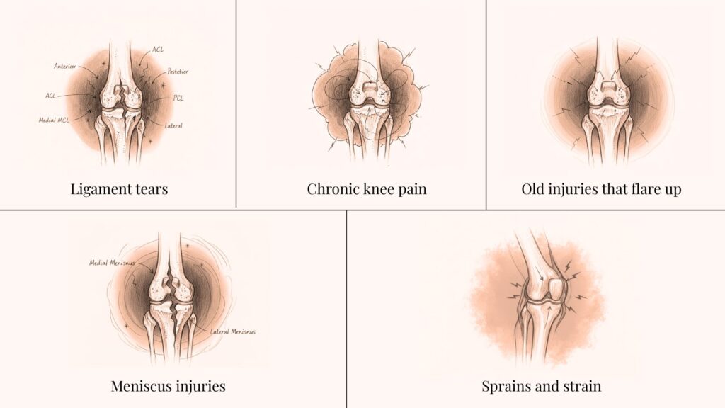 ligament tears, chronic knee pain, old injuries, sprains are some of the knee problems 