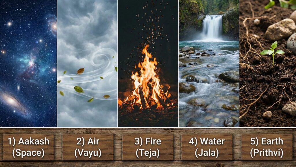 5 elements the human body is made. They are Sky, Air, Fire, Water, and earth