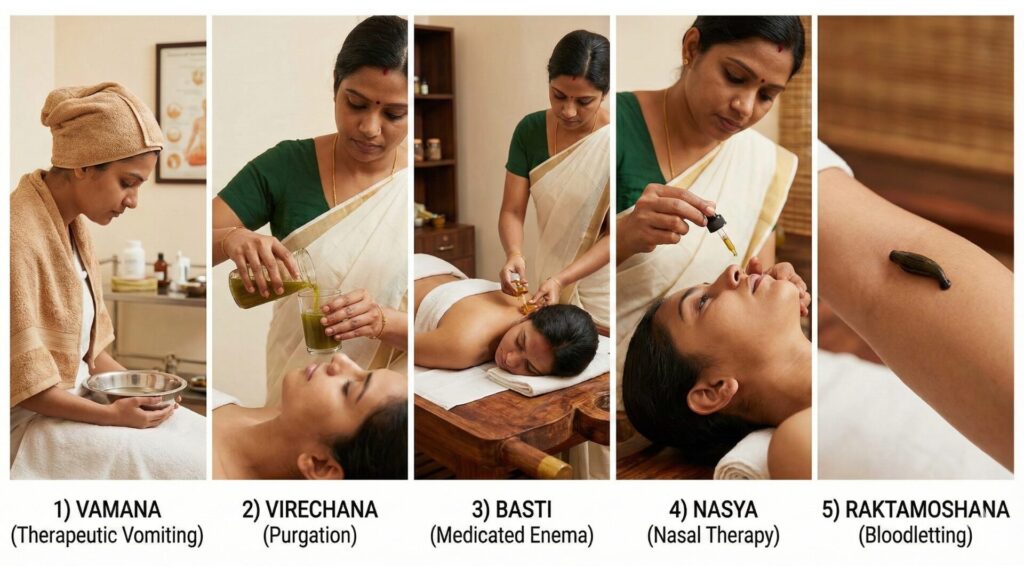 Five Panchakarma therapies are Vamana, Virechana, Basti, Nasya, and Raktmoshana