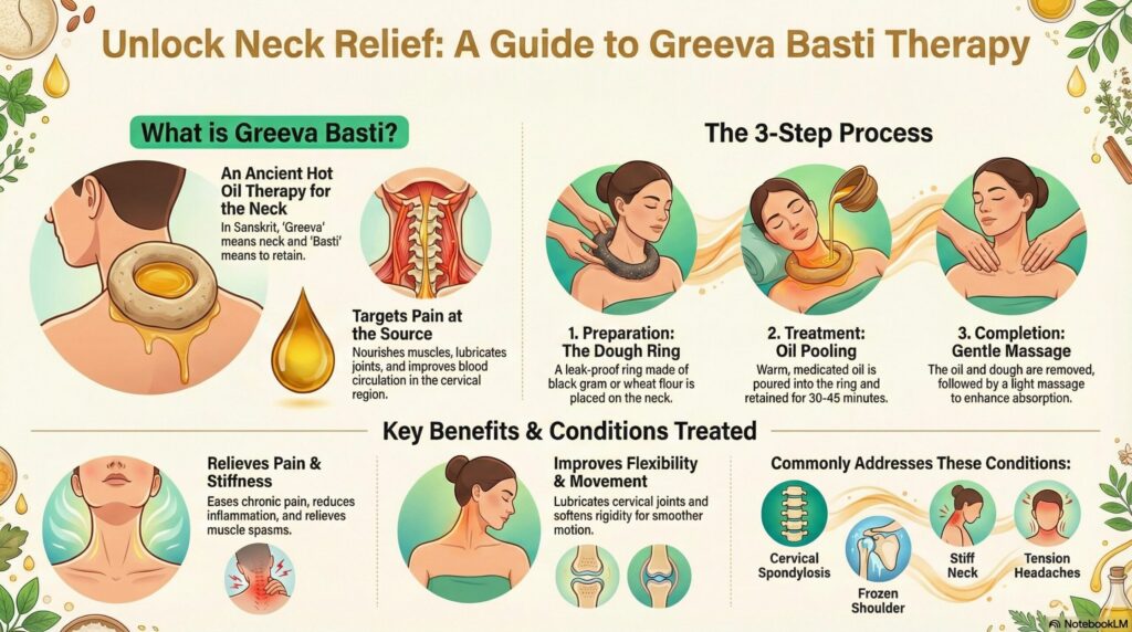 A comprehensive guide to the Greeva Basti ayurvedic treatment, which is effective in treating neck pain symptoms 