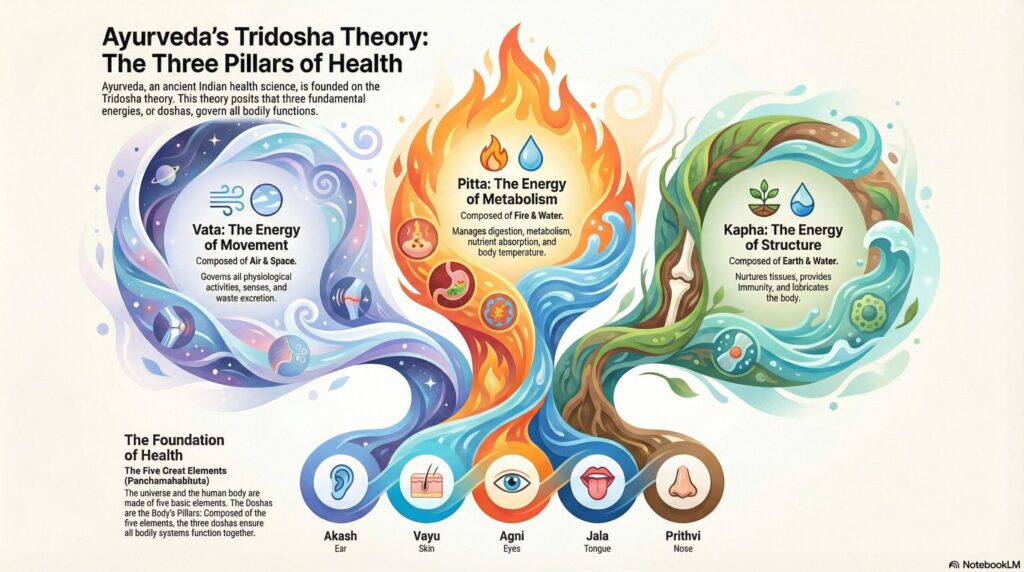 Types of doshas: Vata, Kapha, and Pitta