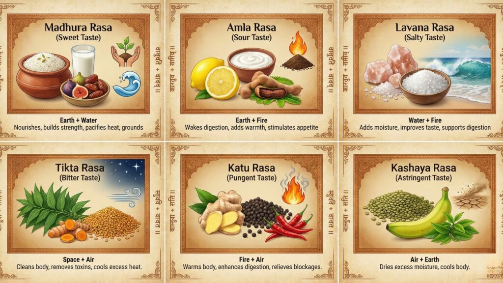 The Five Elements in Ayurveda and its six tastes 