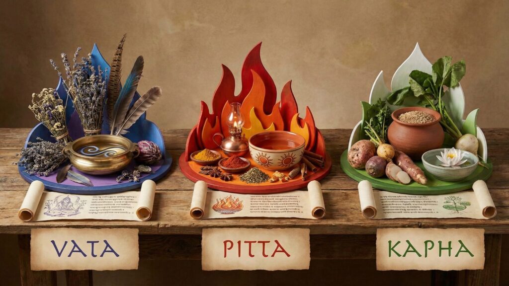 Three types of doshas: Vata, Pitta, and Kapha 