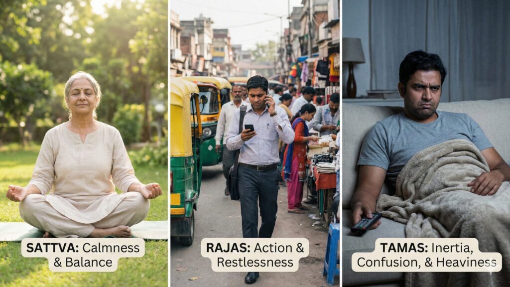 There are three gunas in ayurveda, sattva, tamas, rajas