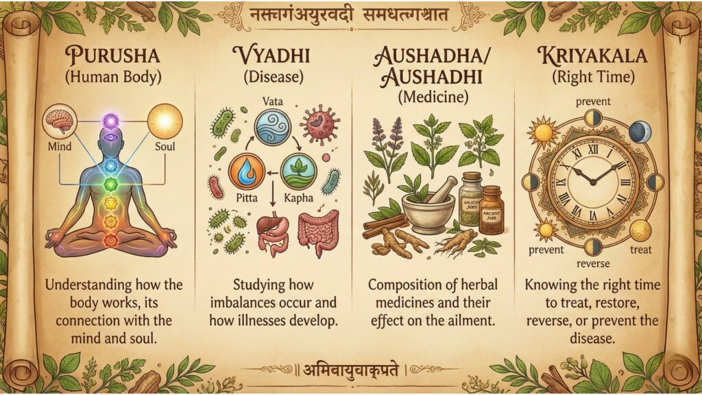 Fundamental Ayurveda research includes various types. Like Purusha, Vyadhi, Aushadha, and Kriyakala.