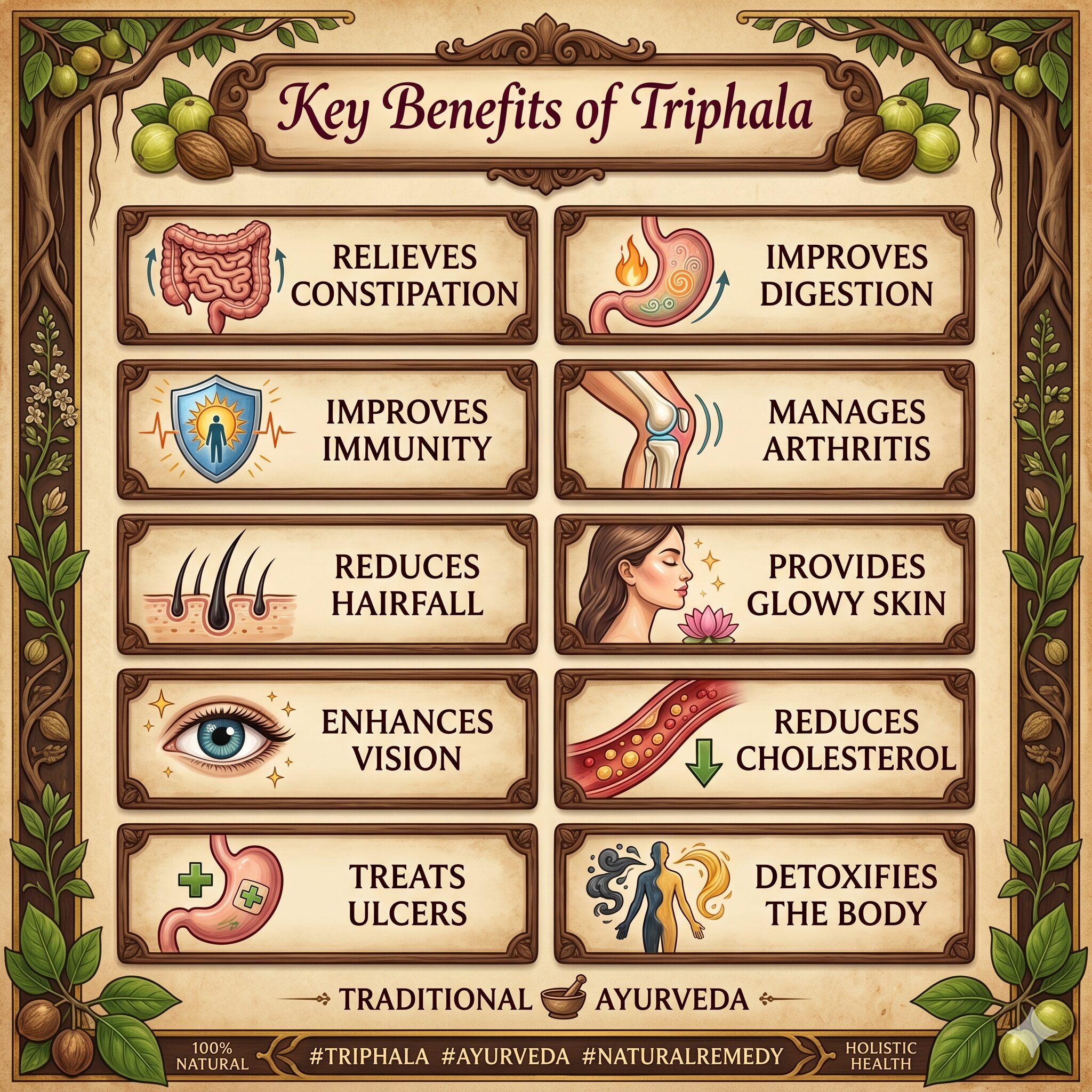 infographic explaining key benefits of triphala